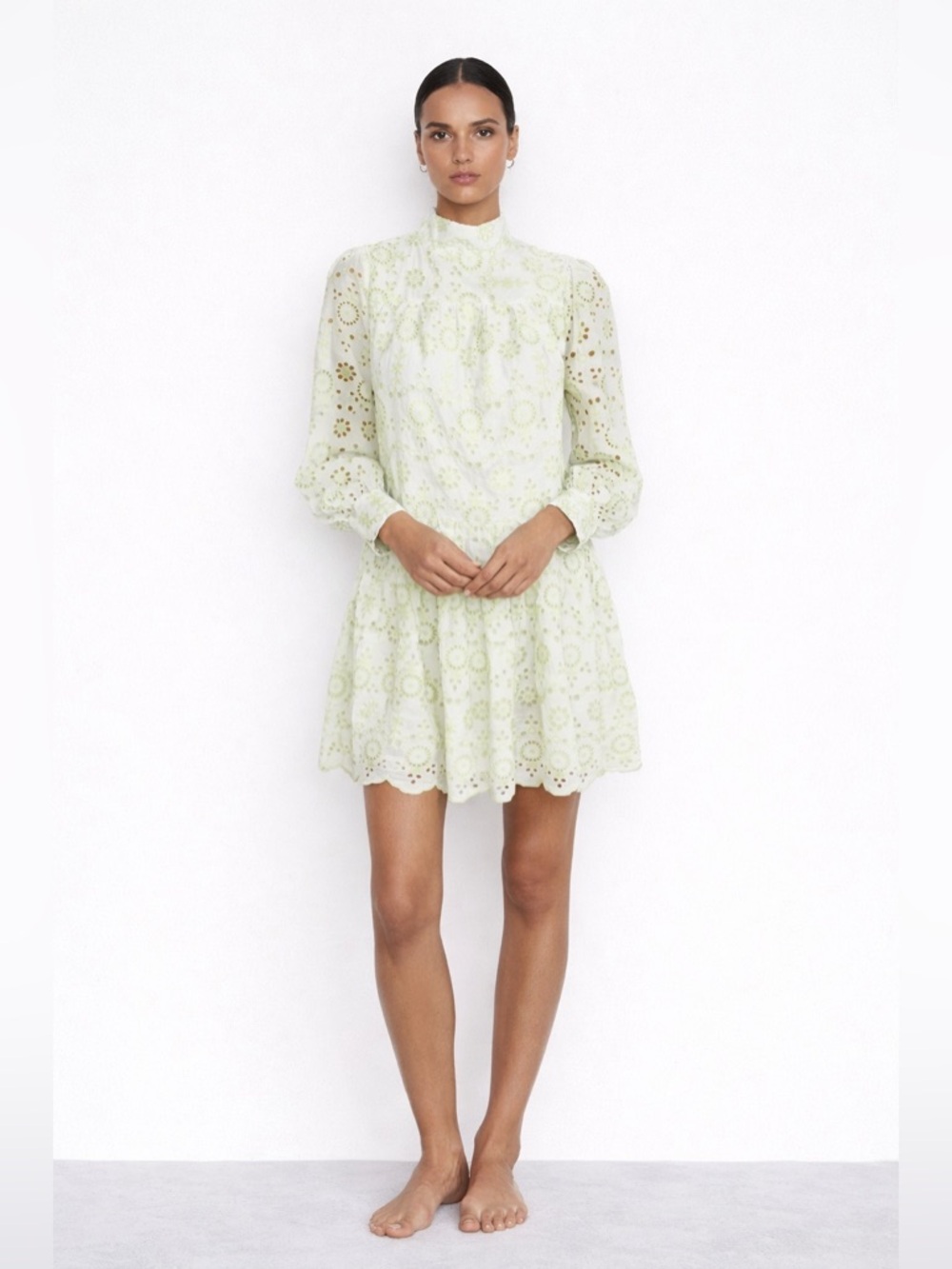 #21 🌷Glamorous Light Green Eyelet High-Neck Mini Dress